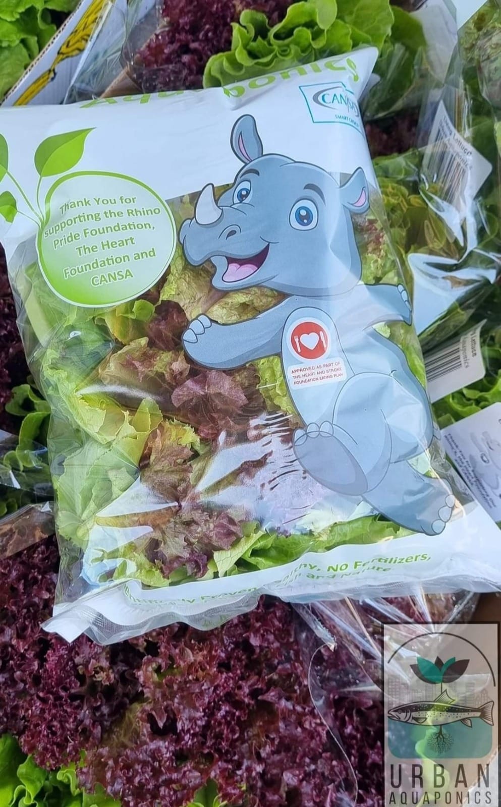 Urban Aquaponics salad bag with the CANSA Smart Choice seal, Heart Foundation approval and Rhino Pride Foundation branding